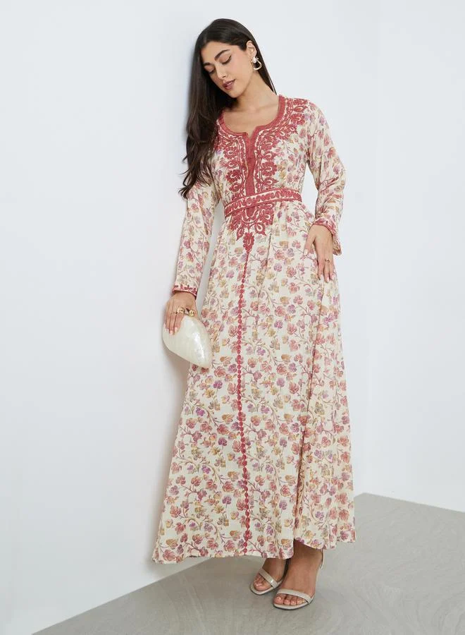 Amirah  Women Floral Print Embroidered Belted Jalabiya for Women | Best Price UAE